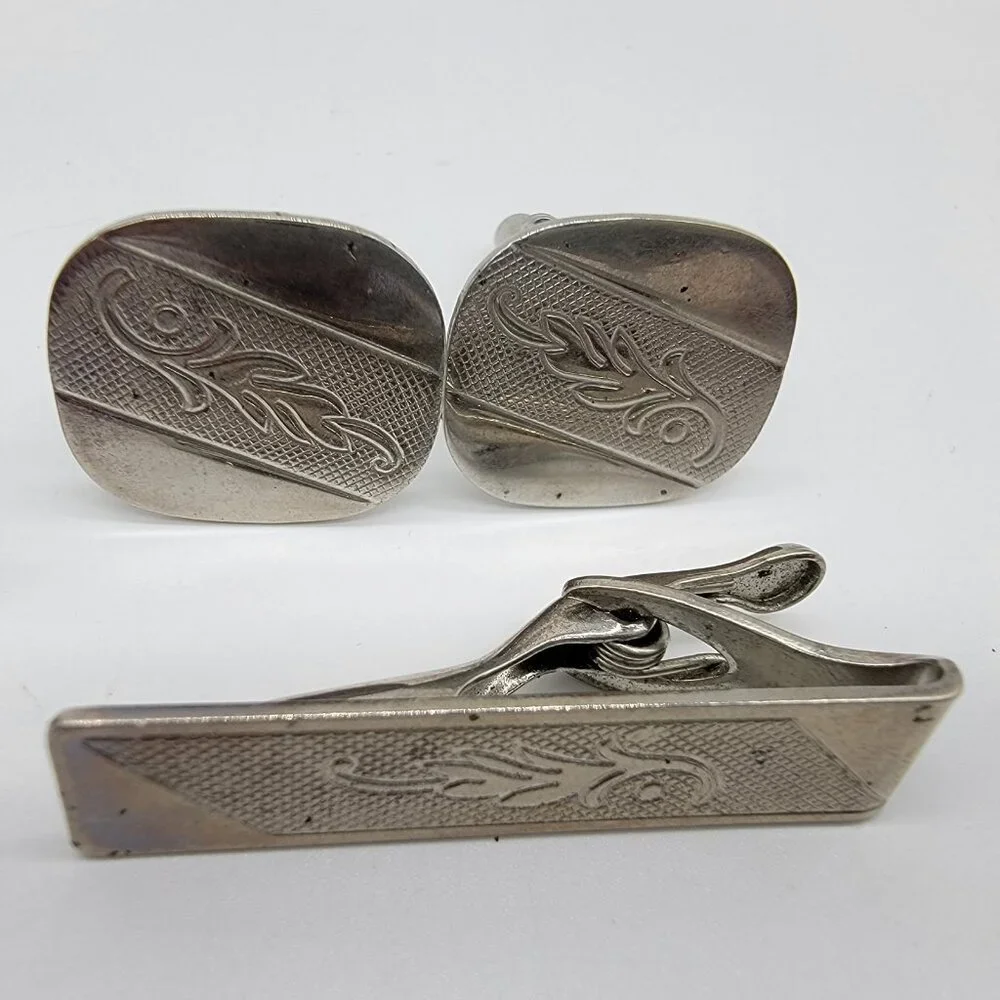 Mens‎ Accessories Lot Cuff Llinks Cufflinks Tie Clip Bar Silver Tone Set